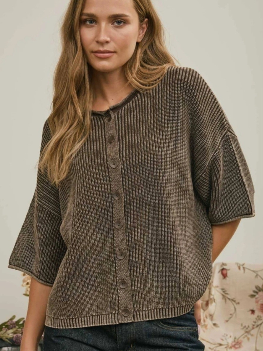 J.O.A. Short-Sleeve Ribbed Button Cardigan Sweater - Brown